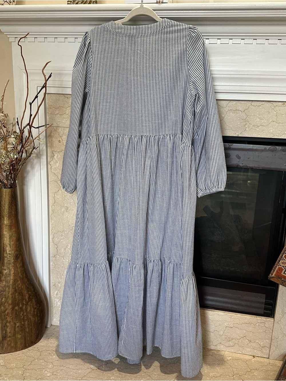Striped Long Sleeve Tiered Maxi Dress - Blue/White